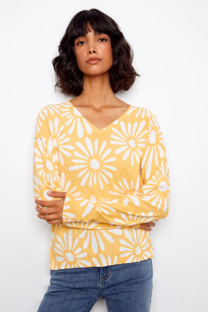 Charlie B Reversible Printed V Neck Sweater Sunkiss