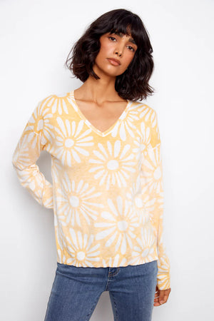 Charlie B Reversible Printed V Neck Sweater Sunkiss