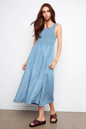 Charlie B Sleeveless Tencel Maxi Dress with Smocked Bodice Soft Blue