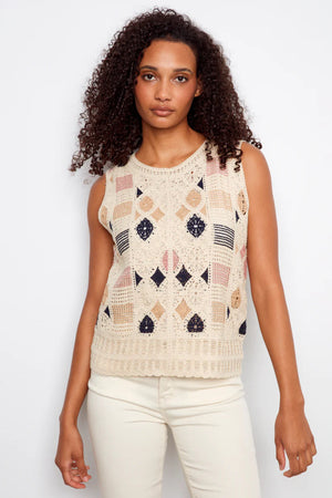 Charlie B Sleeveless Flower Crochet Top Multicolor