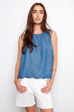 Charlie B Scallop Hem Sleeveless Top With Back Buttons Medium Blue