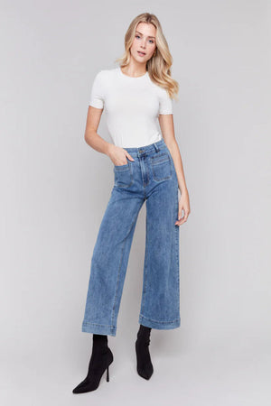 Charlie B Cropped Flare Leg Front Patch Pocket Pant Blue