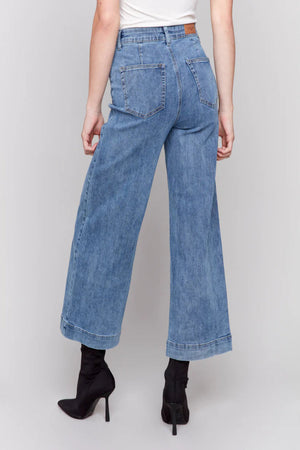 Charlie B Cropped Flare Leg Front Patch Pocket Pant Blue