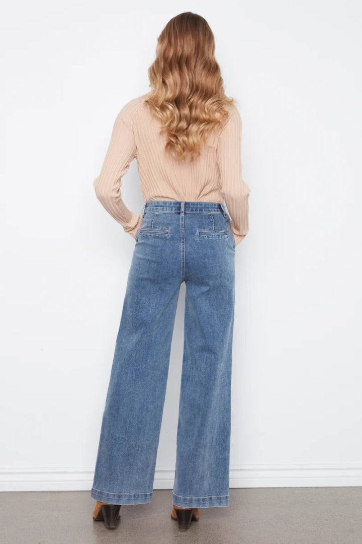 Charlie B Flare Wide Leg Pants Attached Belt Medium Blue