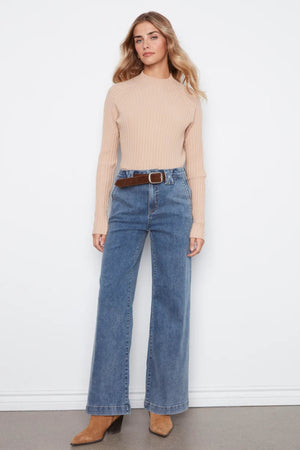 Charlie B Flare Wide Leg Pants Attached Belt Medium Blue