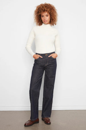 Charlie B Straight Leg Pants W Scalloped Outseam Raw Hem Deep Blue