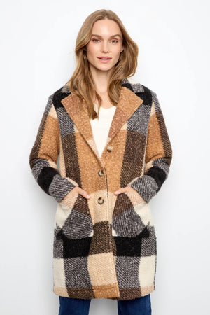 Charlie B Plaid Boucle Knit Tailored Collar Coat Taupe