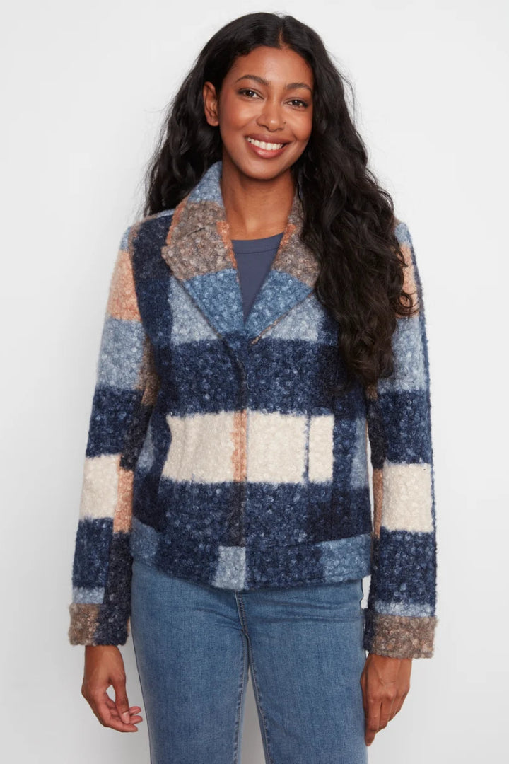 Charlie B Plaid Boucle Knit Short Coat Moonlight