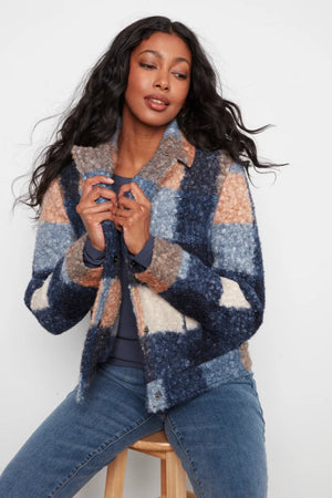 Charlie B Plaid Boucle Knit Short Coat Moonlight