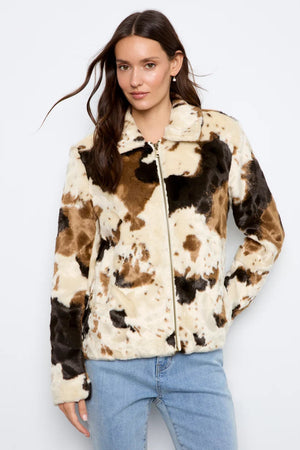 Charlie B Cow Print Faux Fur Jacket Blotchy
