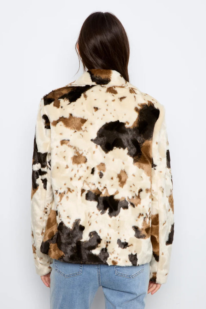Charlie B Cow Print Faux Fur Jacket Blotchy
