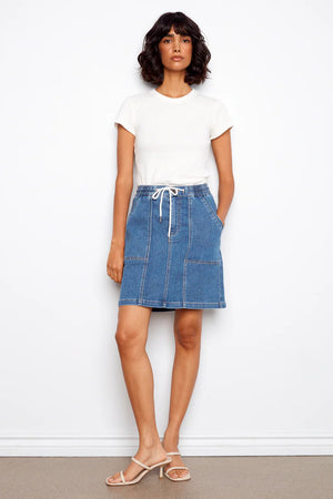 Charlie B Drawstring Denim Skort With Patch Pockets Soft Blue