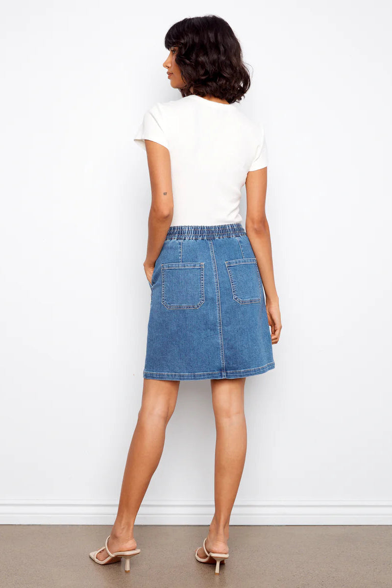 Charlie B Drawstring Denim Skort With Patch Pockets Soft Blue