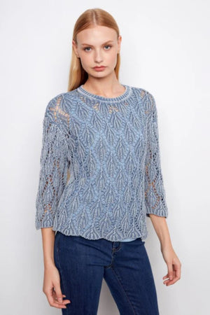Charlie B 3/4 Sleeve Cold Dyed Crochet Crew Neck Sweater Haze