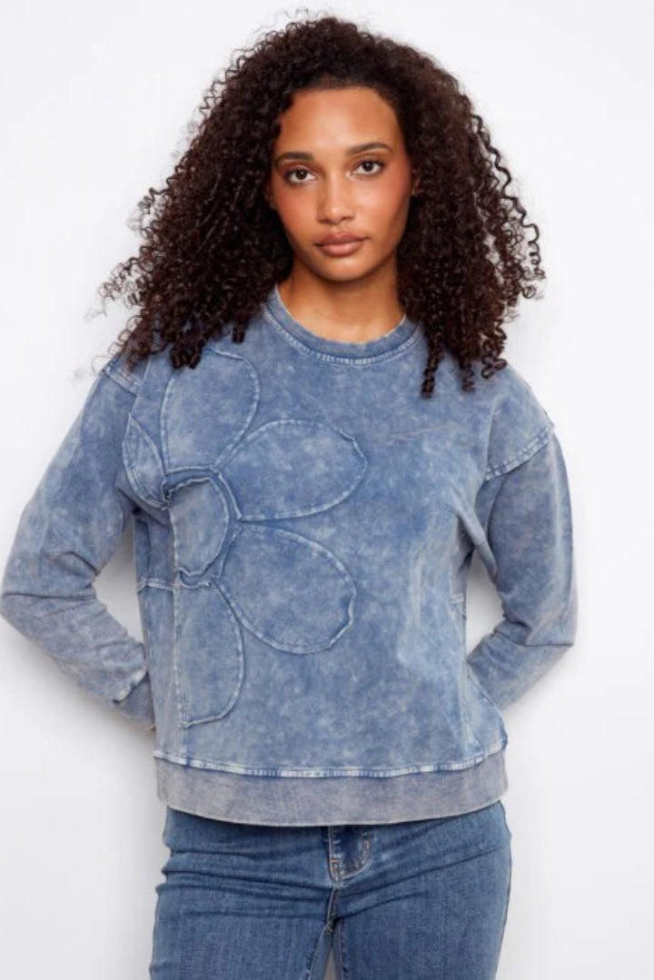 Charlie B Long Sleeve Top Flower Applique Denim