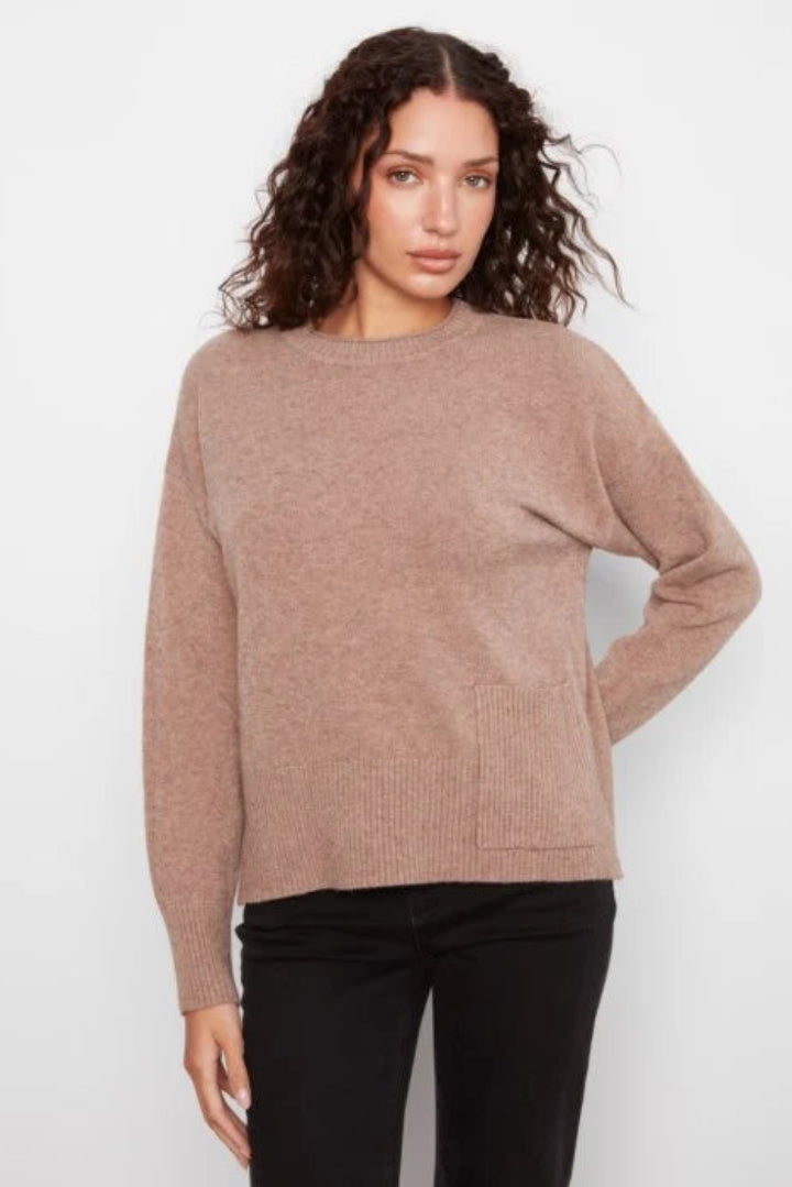 Charlie B Crew Neck Cropped Sweater Pocket Taupe