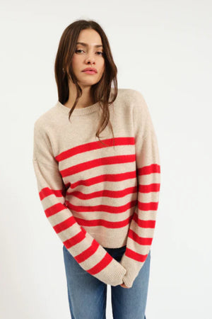 Daze Carlyle Everyday Crew Neck Sweater Red Oat Stripe