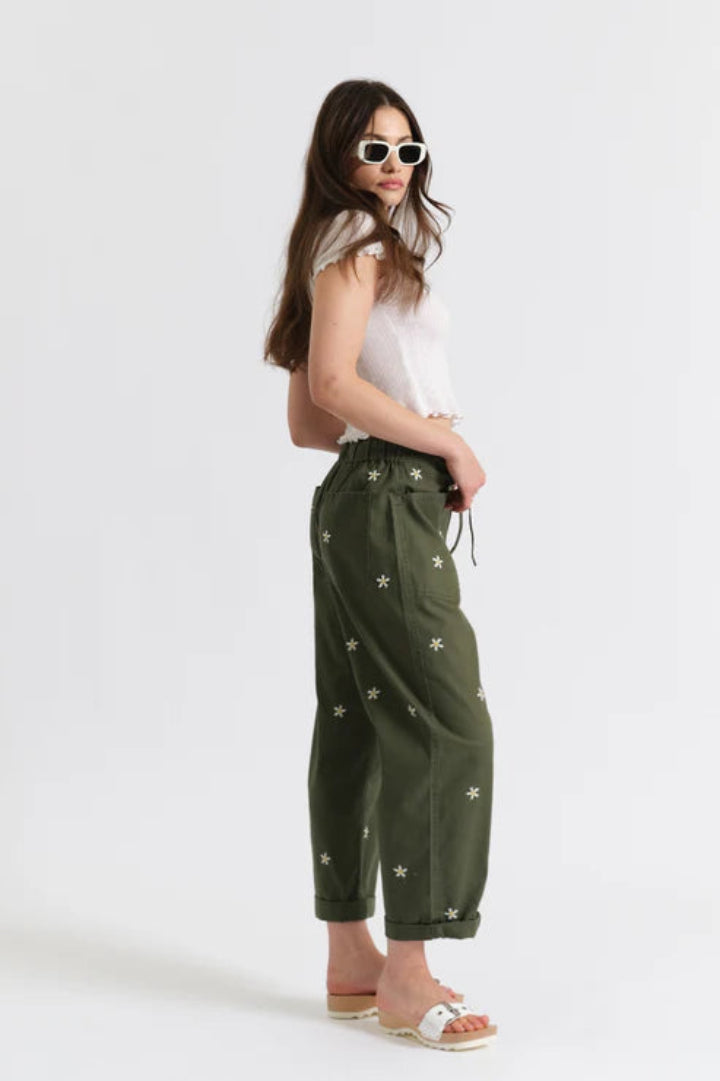 Daze Villa Pant Drawstring Barrel Leg Bronze Green Daisy