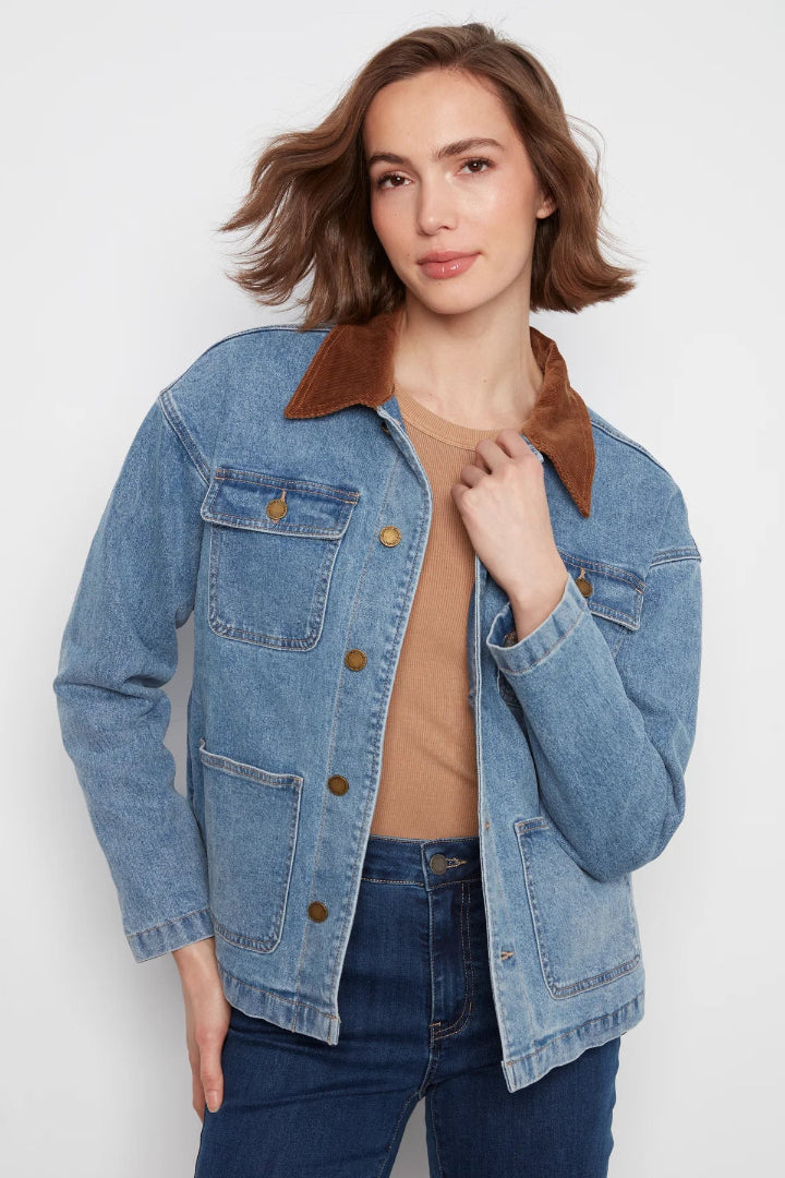 Charlie B Denim Barn Jacket Contrast Corduroy Collar Denim Blue