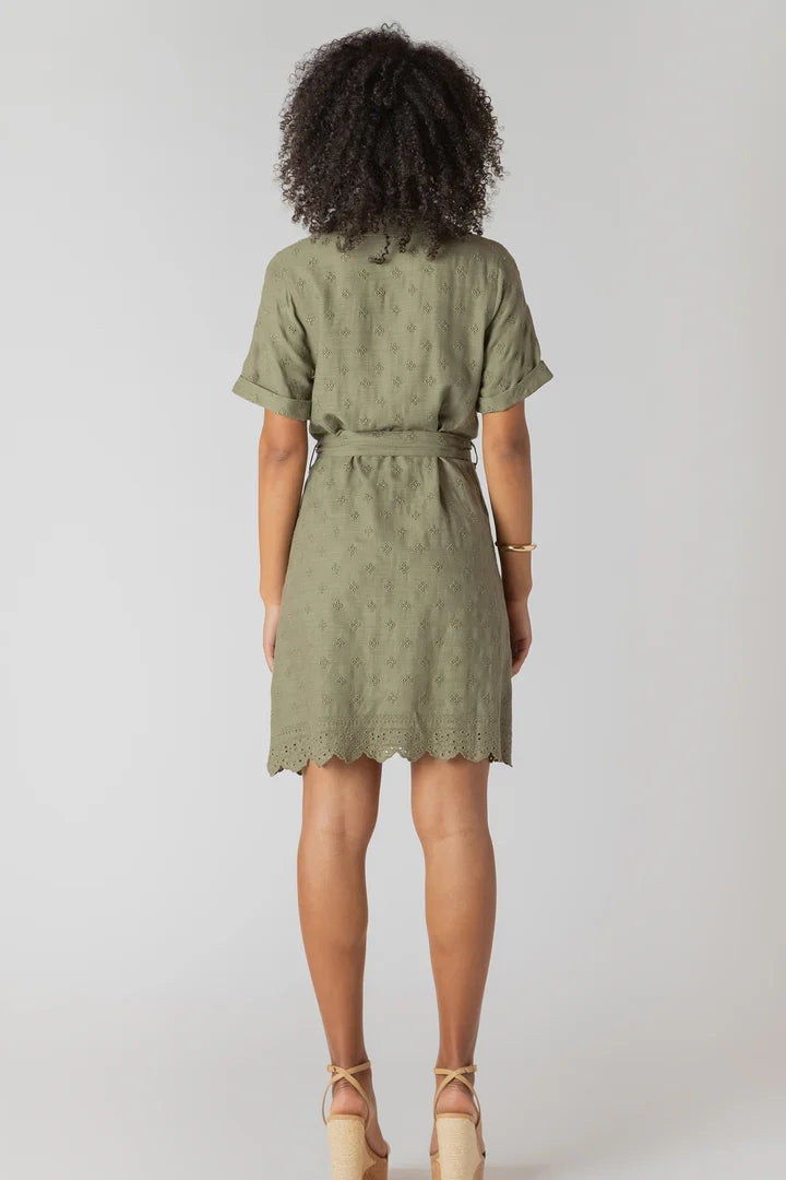Room 34 Linen SS Belted Eyelet Hem Mini Shirt Dress Sage
