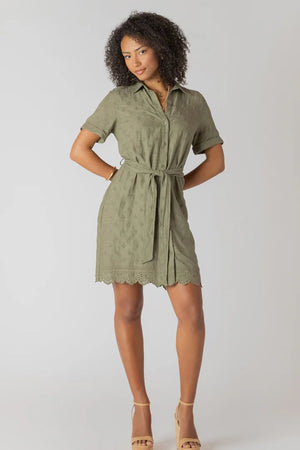 Room 34 Linen SS Belted Eyelet Hem Mini Shirt Dress Sage