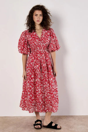 Apricot Mono Roses Volume Tiered Dress Red