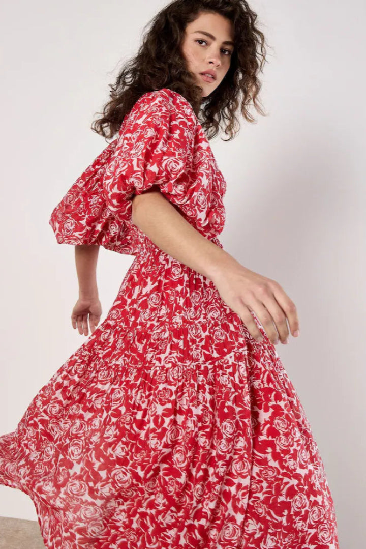 Apricot Mono Roses Volume Tiered Dress Red