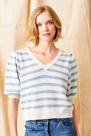 Suzy D Felora Stripe Bubble Sleeve Knit Sweater Chambray Blue