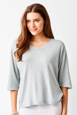 Suzy D Feronia Linen V Neck Sweater Zen Blue