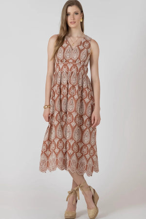 Black Tape V Neck Eyelet Dress Sandy/Beige Eyelet