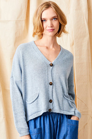 Suzy D Fulton Fine Knit Pocket Cardigan Chambray