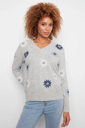 Charlie B Floral Embroidered V Neck Grey
