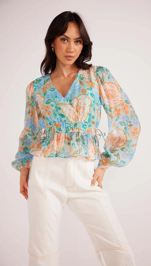 Mink Pink Evelyn Wrap Blouse Mint/Floral