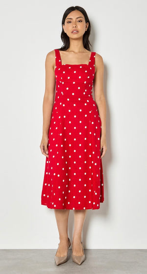Apricot Polkadot Square Neck Midi Dress Red