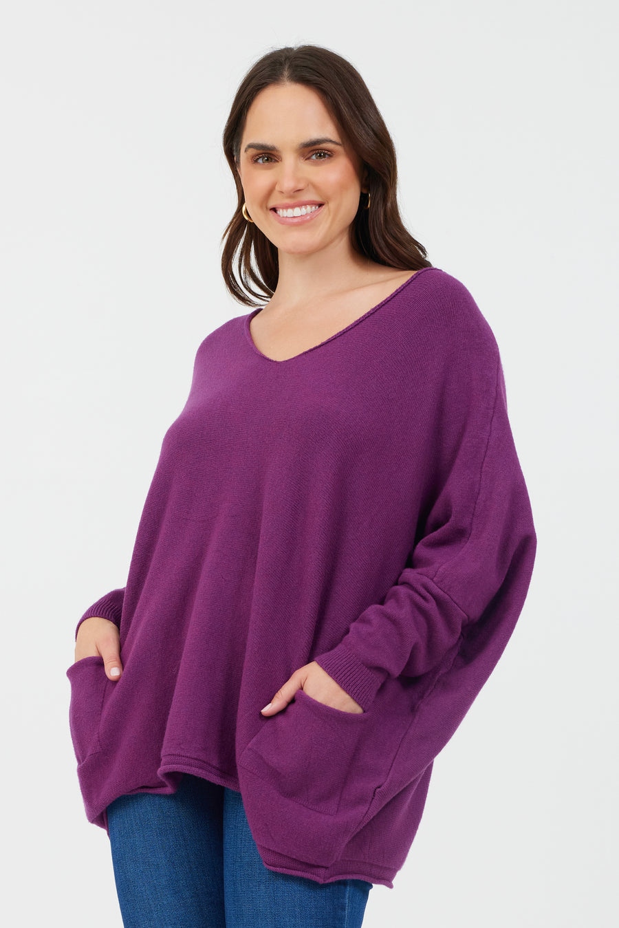 Suzy D Leonie Oversize V Neck 2 Pocket Knit Sweater Grape