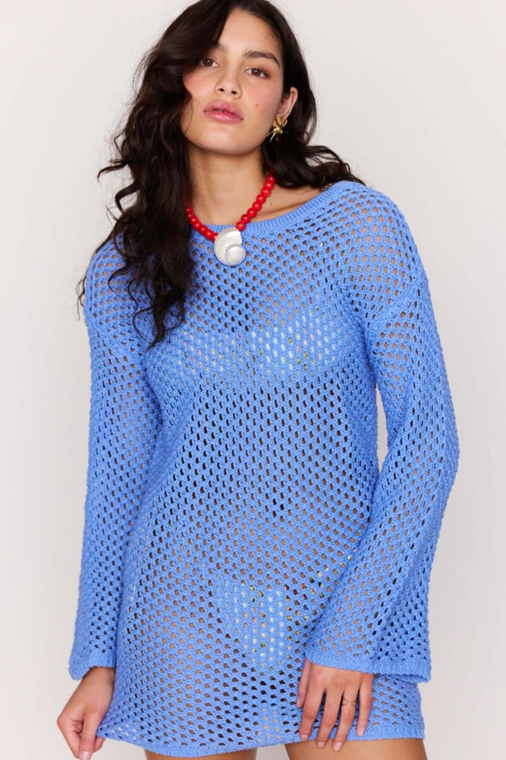 Mink Pink Balmy Crochet Mini Dress Blue