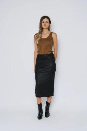 Orb Erin Faux Leather Midi Skirt Black