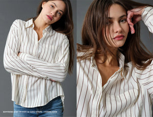 Daze Boyfriend Shirt LS Button Down Ivory Sable Stripe