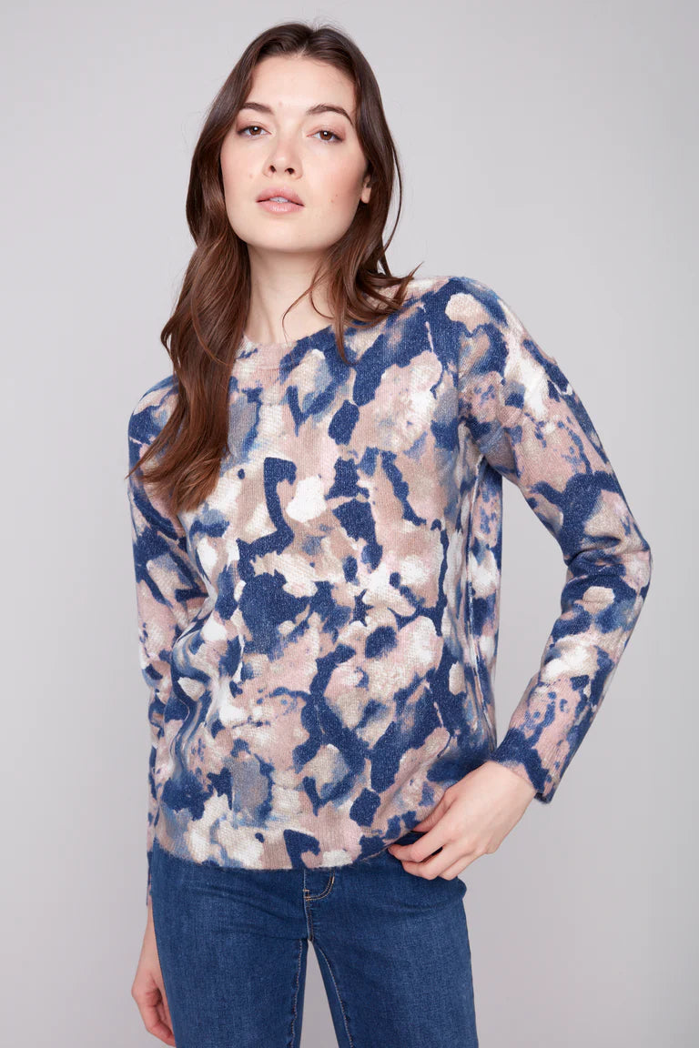 Charlie B Printed Reversible Crew Neck Drop Shoulder Sweater Romantic