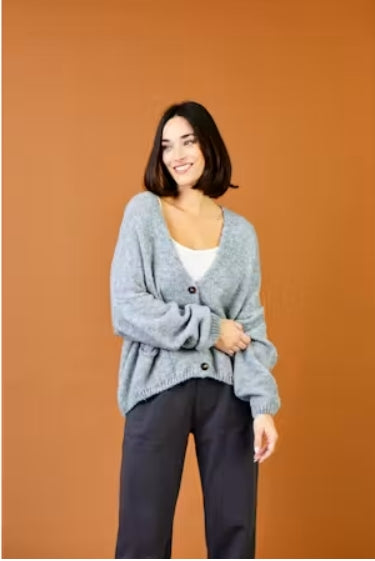 Suzy D Fleurs Boyfriend Knit Cardi W Front Pockets Grey