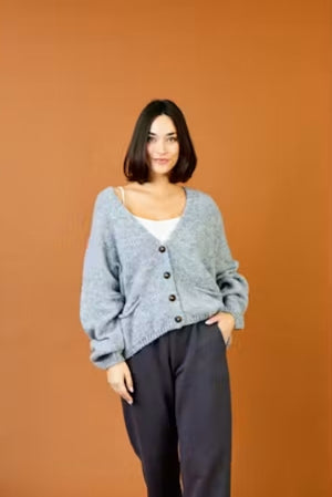 Suzy D Fleurs Boyfriend Knit Cardi W Front Pockets Grey