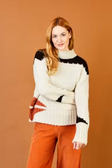 Suzy D Fox Turtle Neck Contrast Knit Sweater Cream/Brown/Bronze