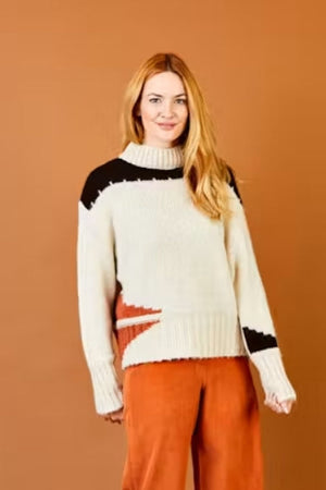Suzy D Fox Turtle Neck Contrast Knit Sweater Cream/Brown/Bronze