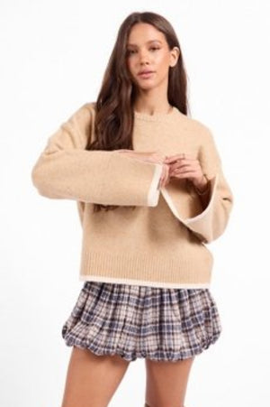 Sage The Label Angelina Cuff Slit Crew Neck Sweater Beige Ivory