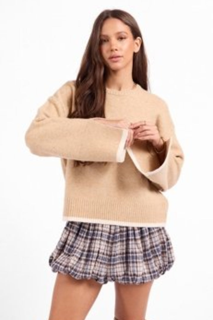 Sage The Label Angelina Cuff Slit Crew Neck Sweater Beige Ivory