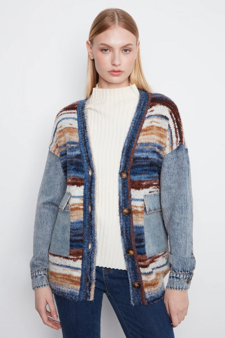 Charlie B Denim Combo Space Dye Cardigan Lake Tahoe