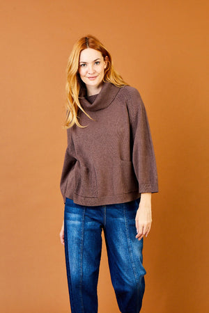 Suzy D Tessy Cowl Neck Knit Sweater W Pocket Detail Espresso