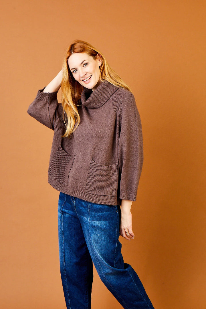 Suzy D Tessy Cowl Neck Knit Sweater W Pocket Detail Espresso