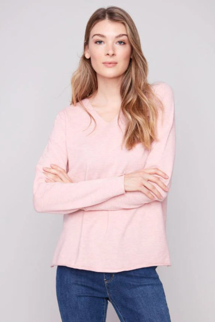 Charlie B Basic Long Sleeve V-Neck Sweater Ballet