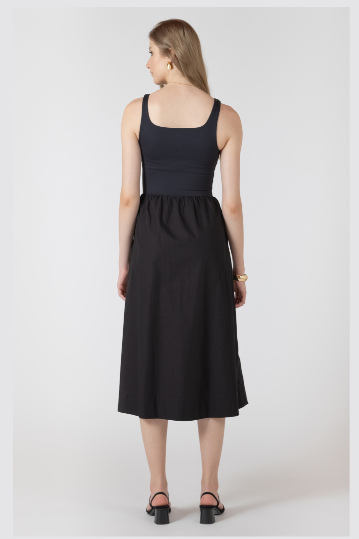 Black Tape Mixed Fabric Midi Dress Black